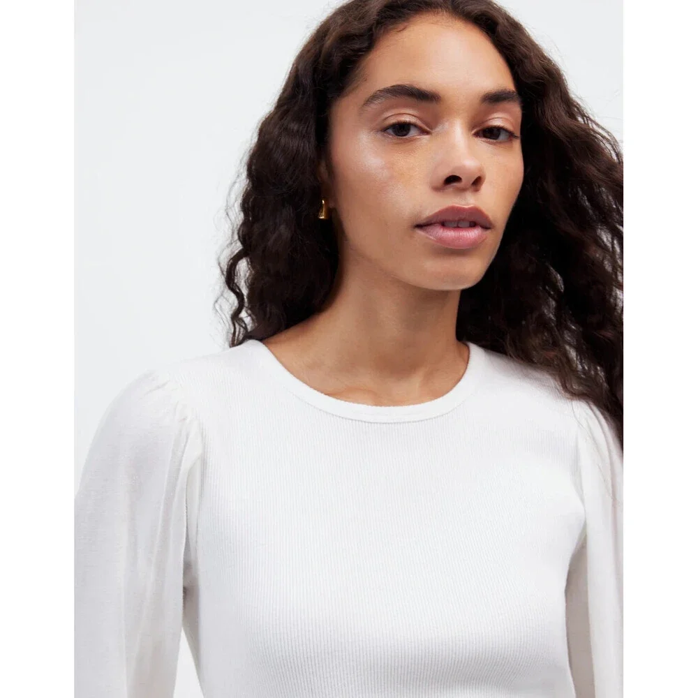 Madewell NU768 Top Womens Small White Cotton Ribbed Puff Sleeve Crew Neck RED101